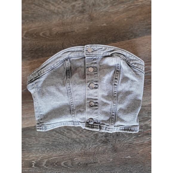 Divided Women's Gray Jean Button‎ Up Crop Strapless Top Size XS #17 - Picture 1 of 3